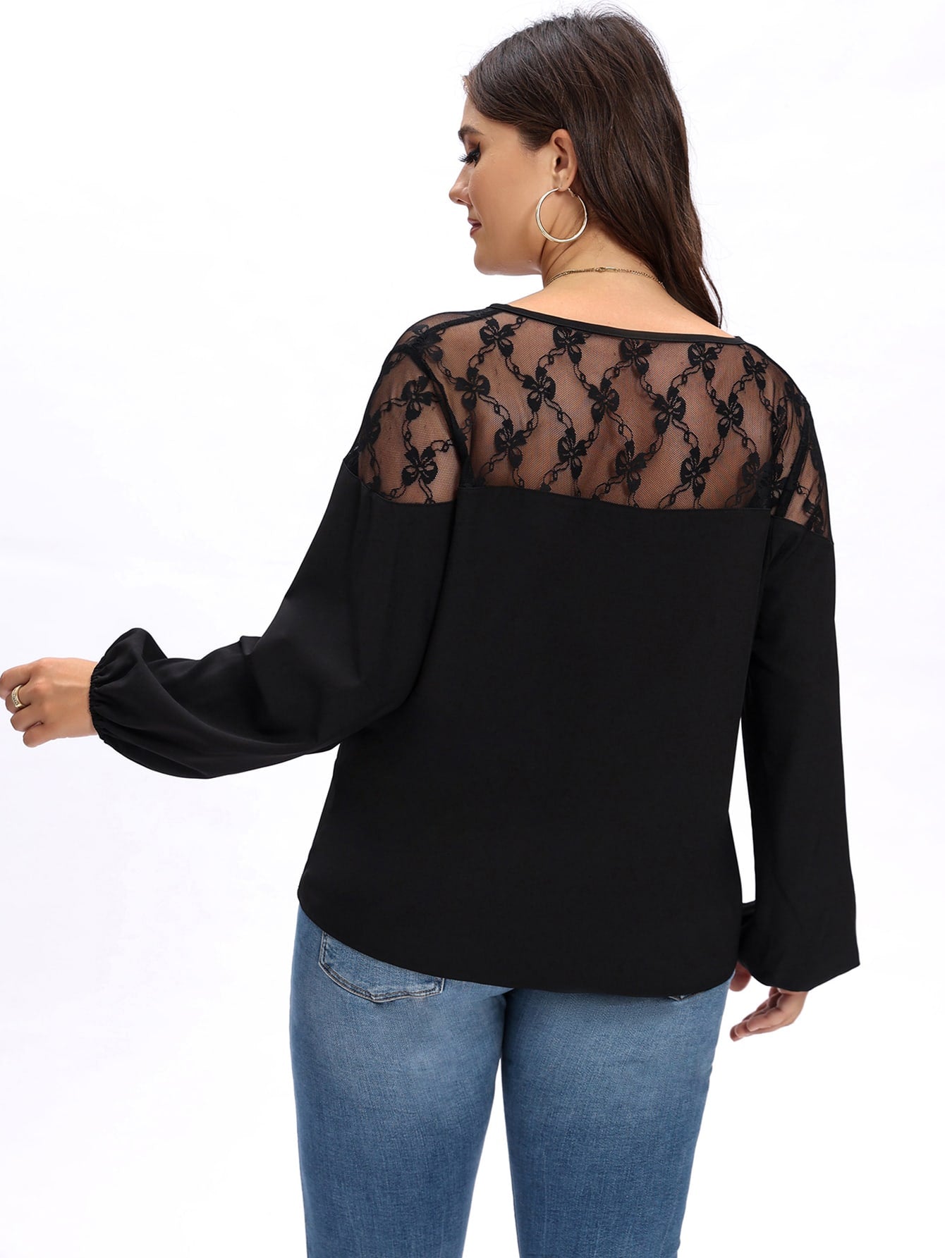 Plus Mesh Insert Tie Neck Blouse