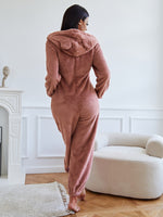Zipper 3D Ear Patched Hooded Flannel Jumpsuit
