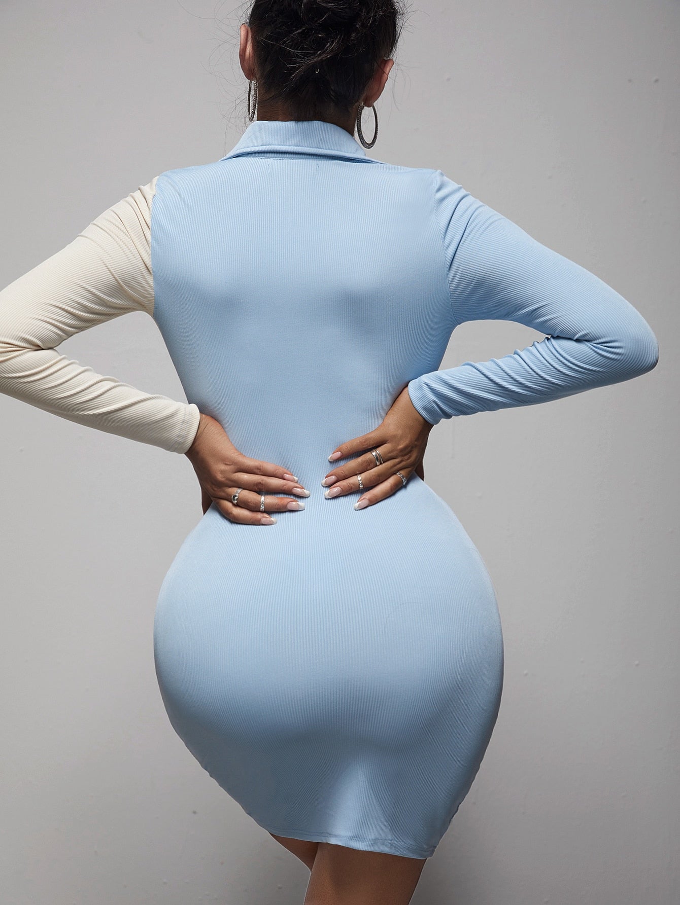 Two Tone Button Front Ruched Bodycon Dress