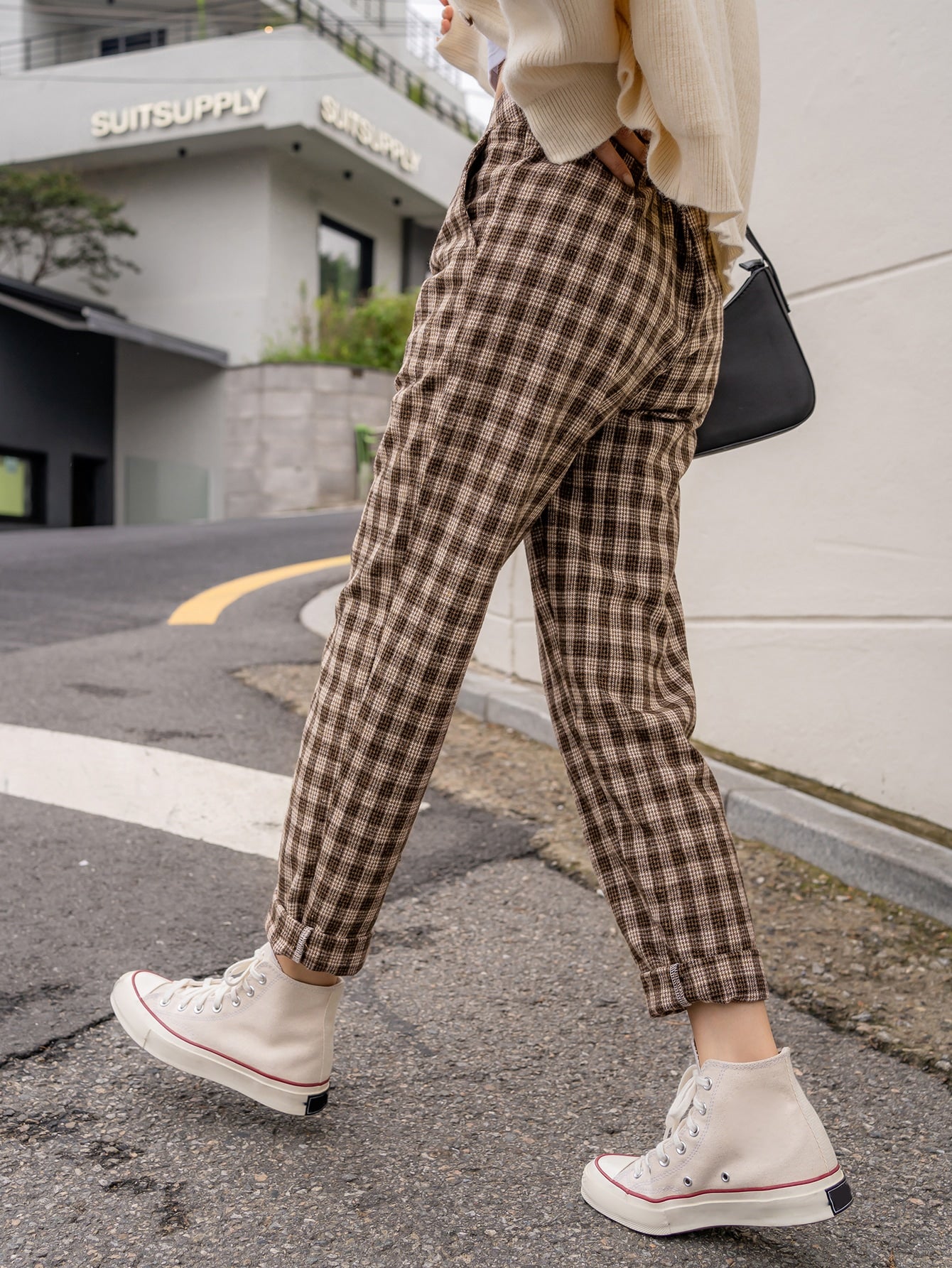 Gingham Print Slant Pocket Pants