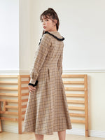 Peter Pan Collar Plaid Print Knotted Front Plicated Dress