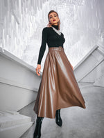 Solid Belted PU Leather Flared Skirt