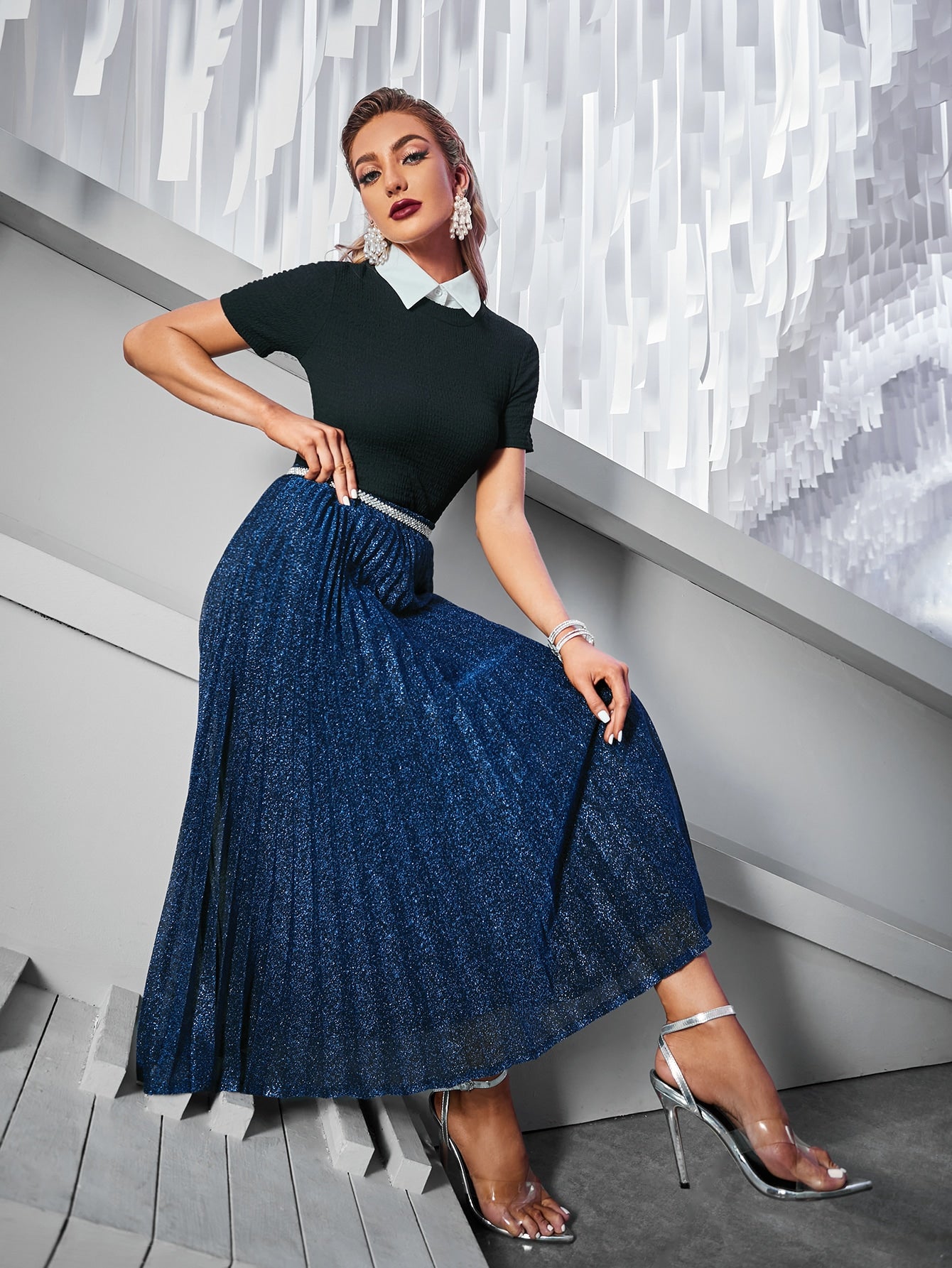 Solid Elastic Waist Glitter Pleated Skirt