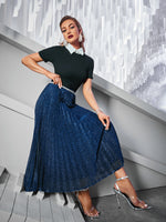 Solid Elastic Waist Glitter Pleated Skirt
