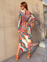Chevron Print Colorblock Flounce Sleeve Dress
