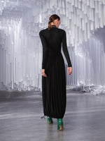 Mock Neck Pleated Drawstring Hem Dress
