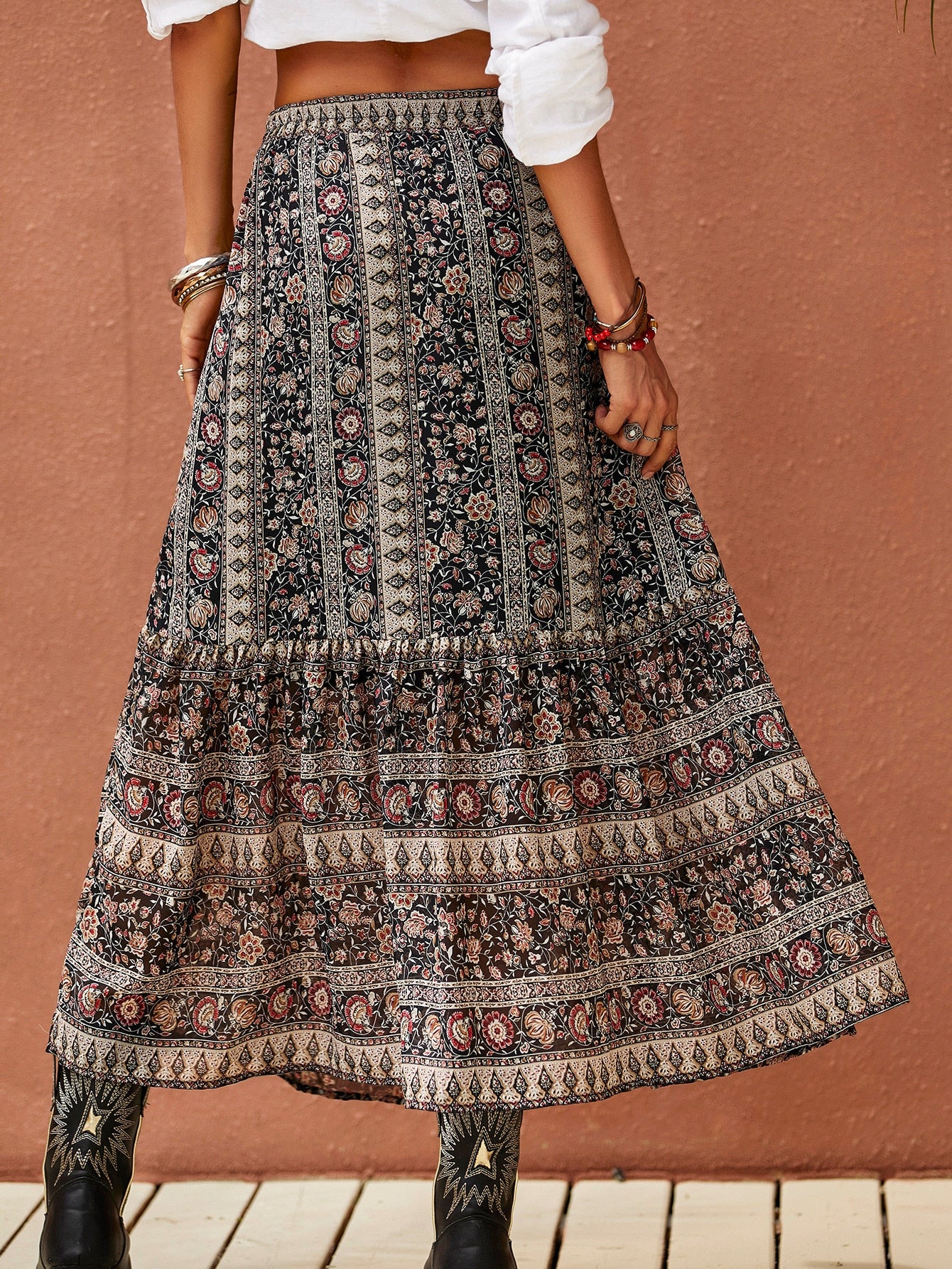 Rusttydustty High Waist Floral Print Ruffle Hem Skirt