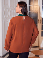 Plus Contrast Trim Pearls Beaded Blouse