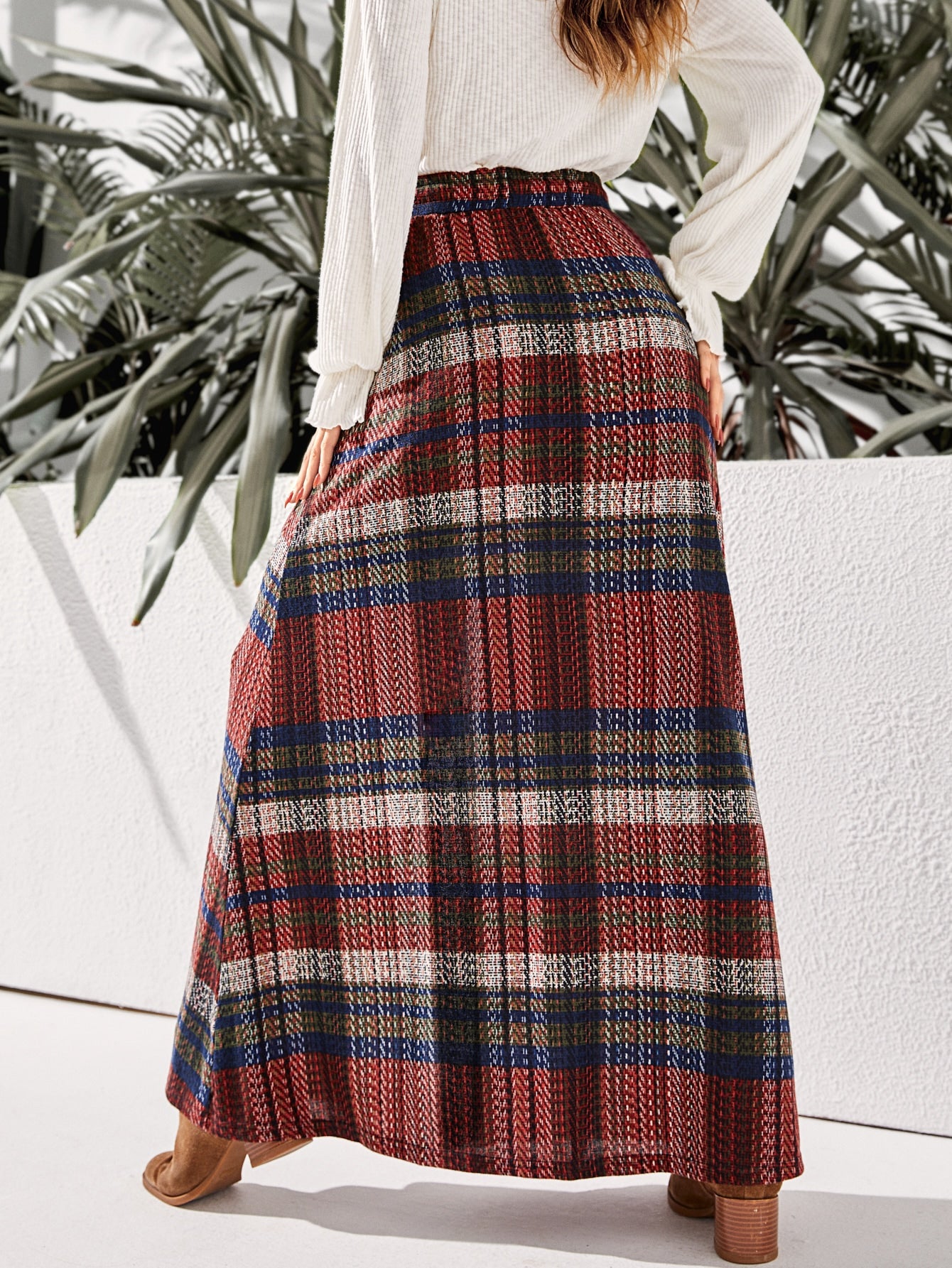 High Waist Plaid Single Breasted Split Hem Knot Front Skirt
