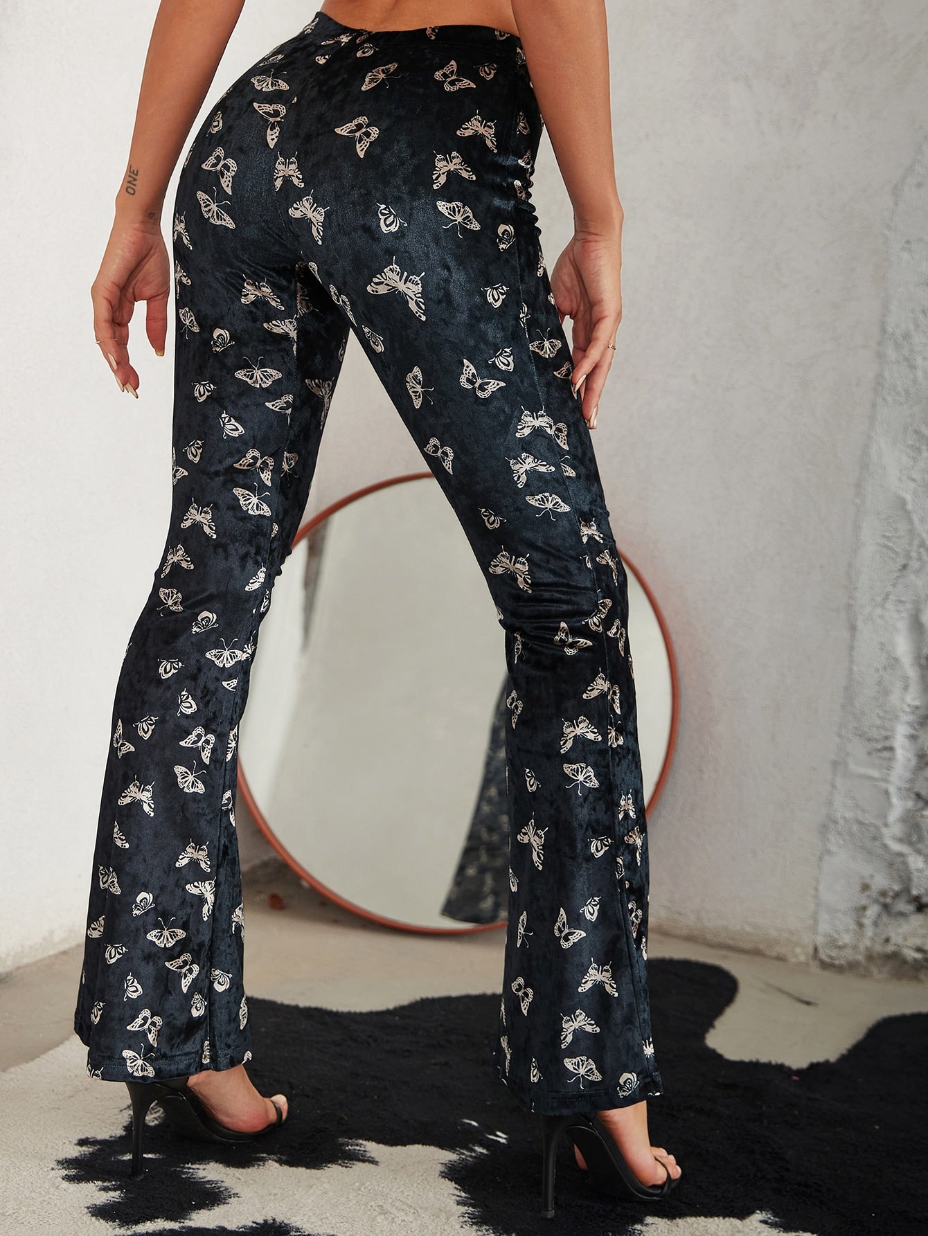 Double Crazy High Waist Butterfly Pattern Velvet Flare Leg Pants