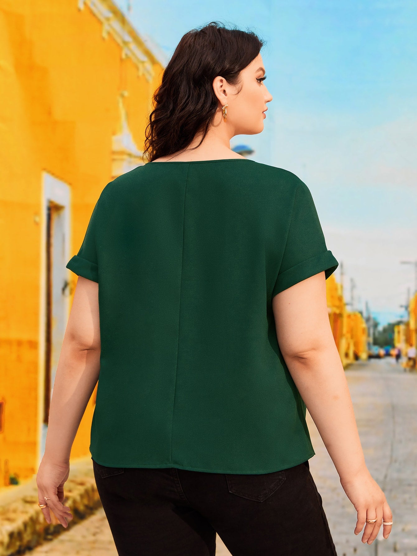 Plus Roll Up Sleeve Lace Detail Keyhole Neck Blouse