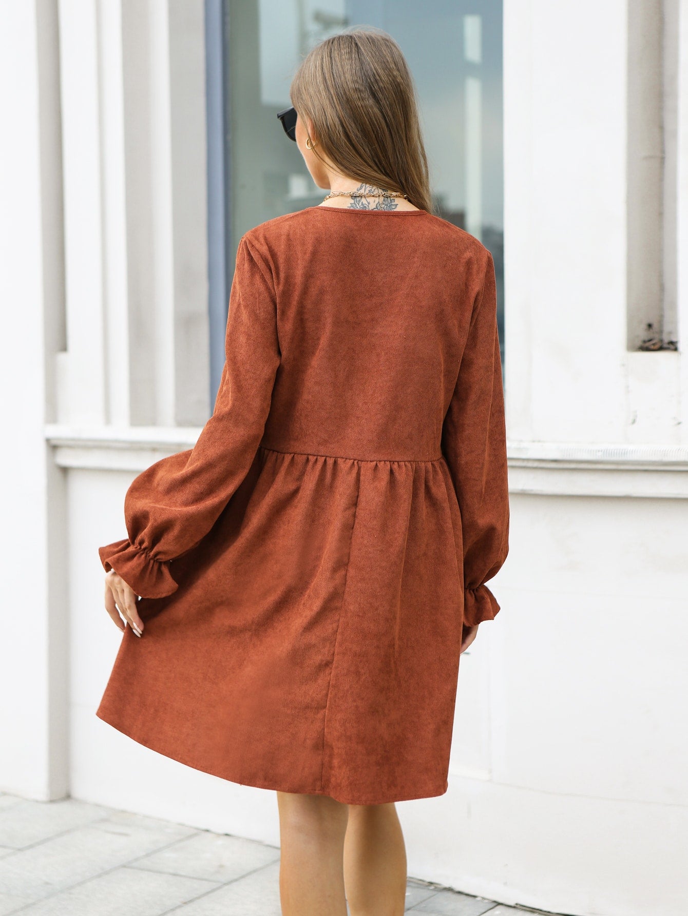 V Neck Flounce Sleeve Corduroy Dress