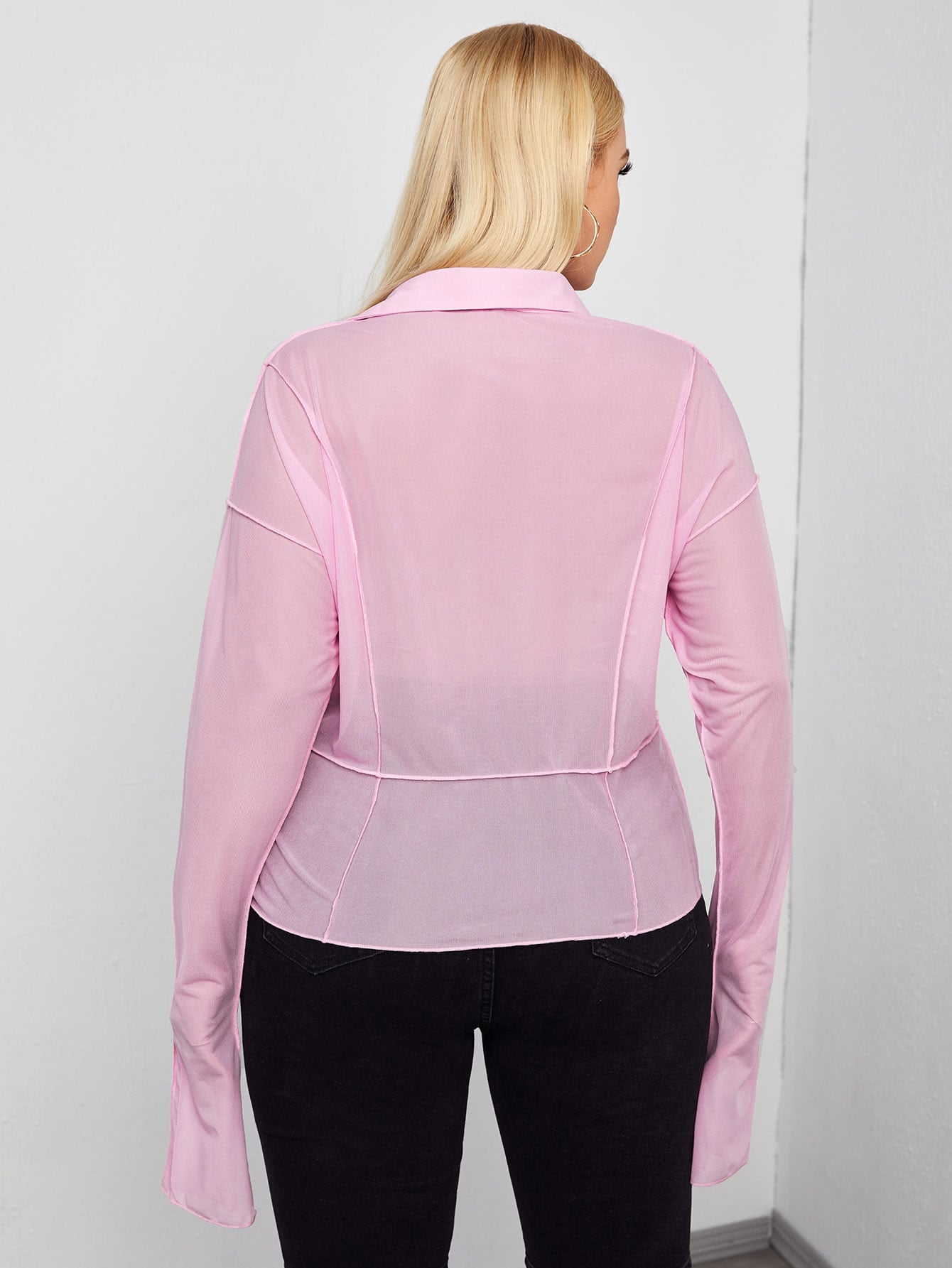 Plus Solid Seam Front Button Through Semi-Sheer Blouse
