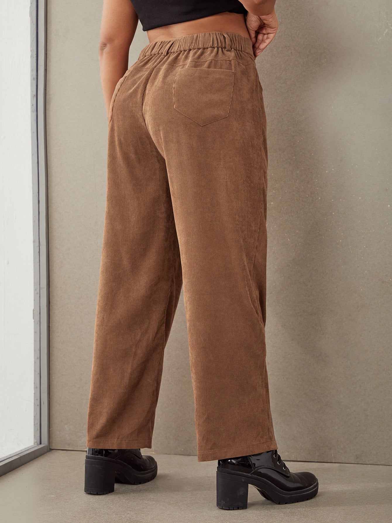 Plus Solid Wide Leg Corduroy Pants