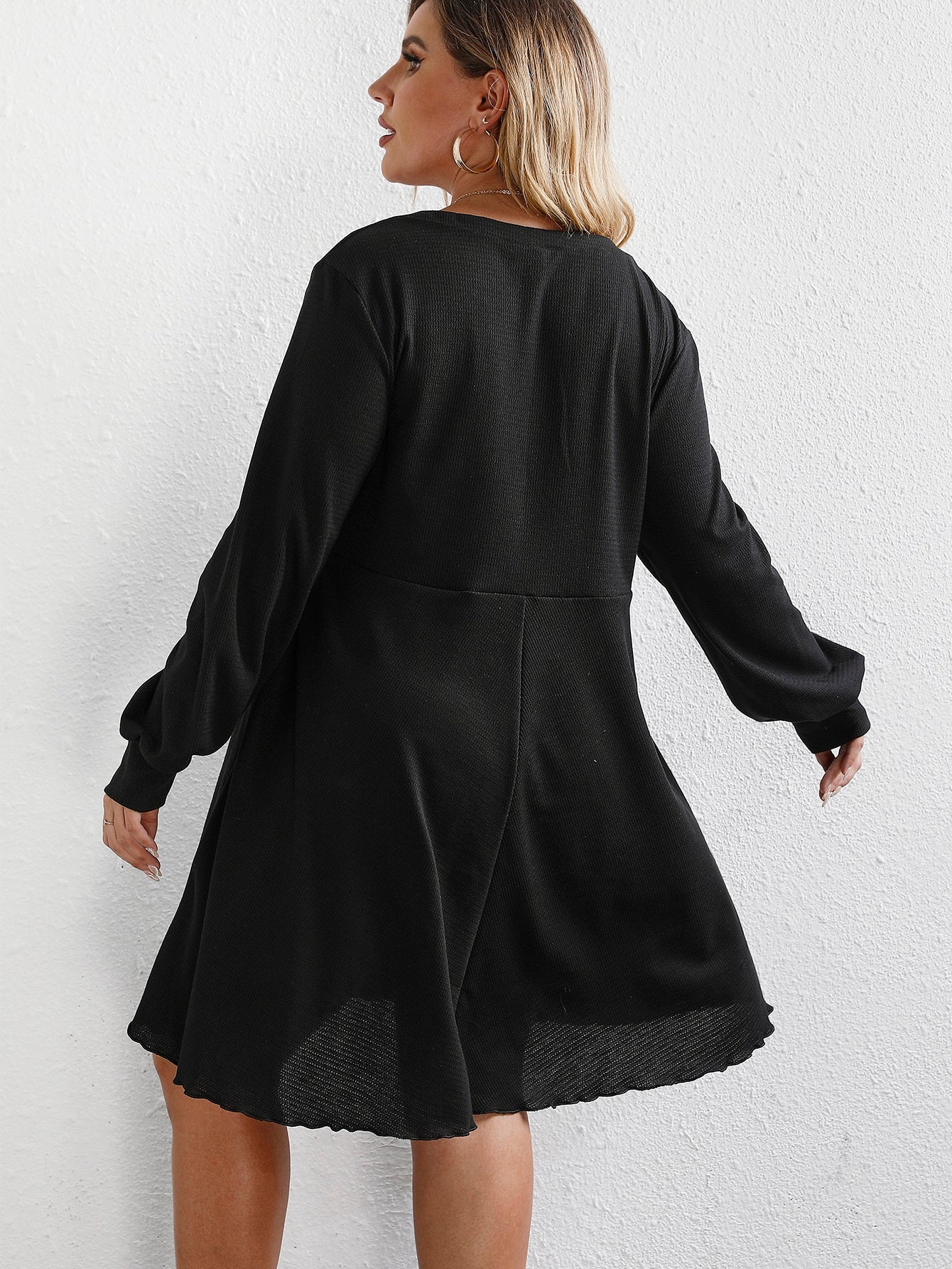 Plus Notched Neck Lantern Sleeve Dress