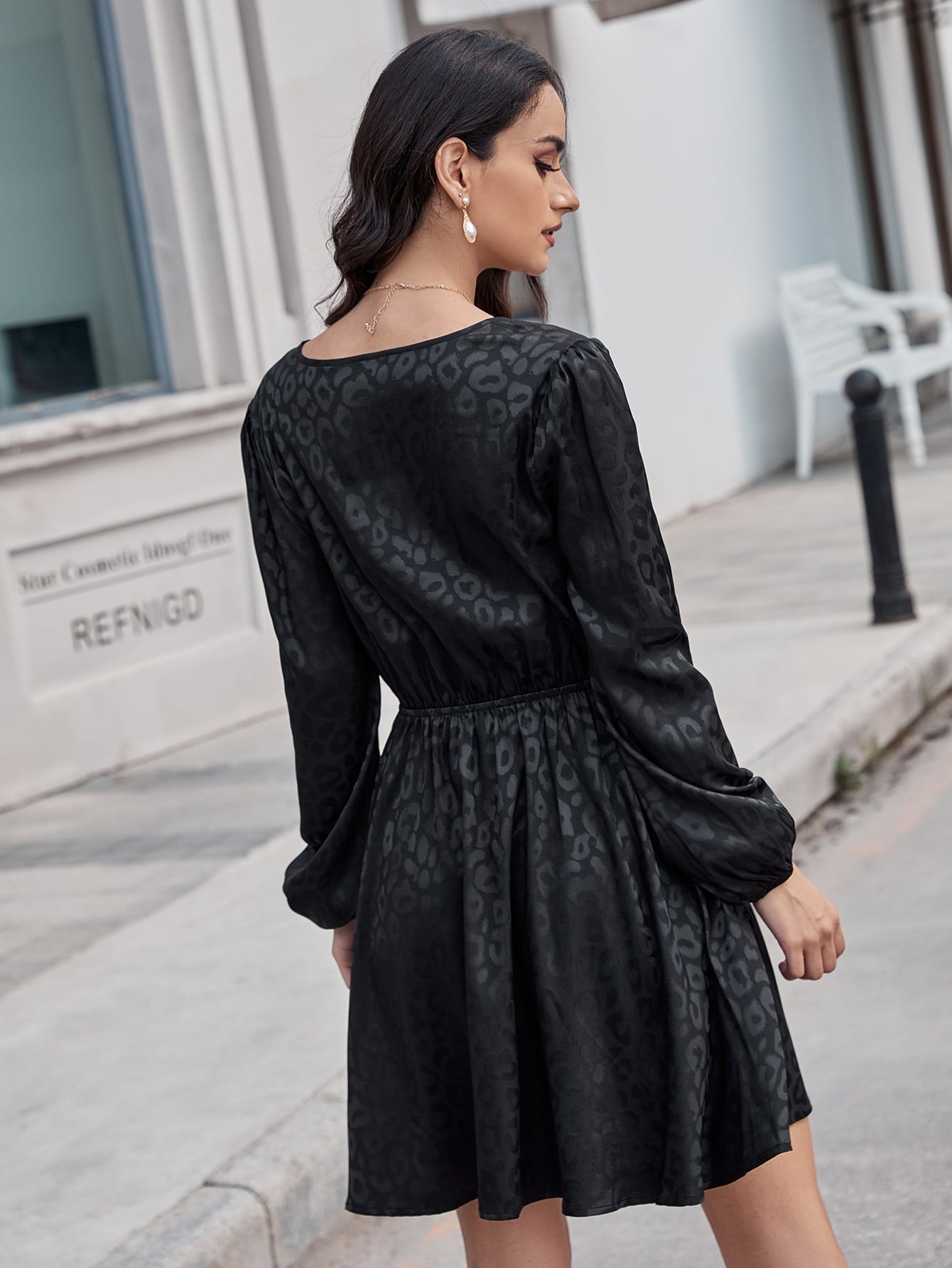 Jacquard Surplice Neck Lantern Sleeve Satin Dress