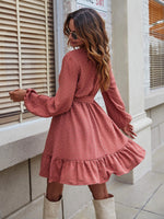 Swiss Dot Bishop Sleeve Ruffle Hem Belted Dress