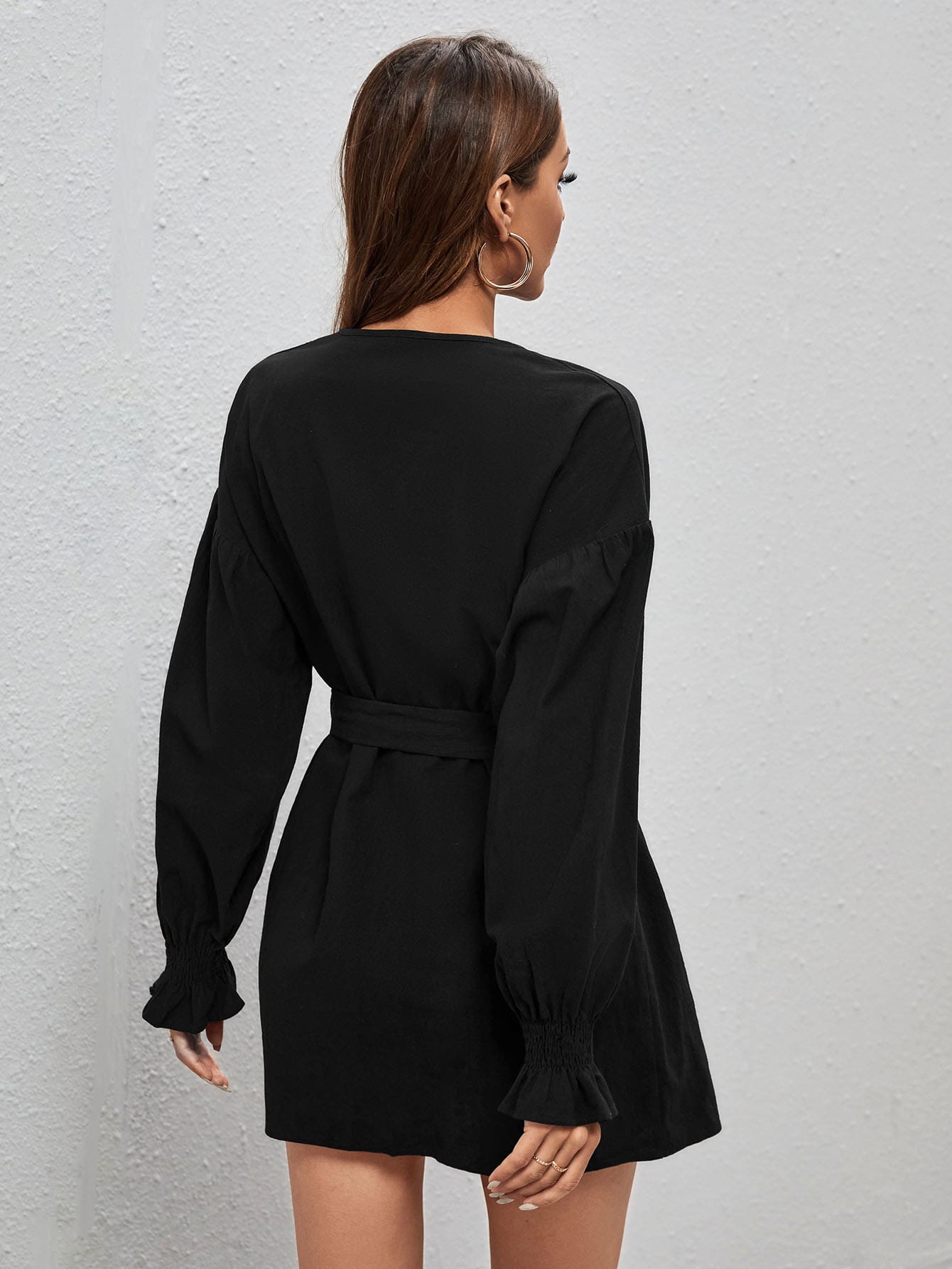 Shirred Flounce Sleeve Belted Dress