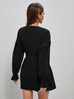 Shirred Flounce Sleeve Belted Dress