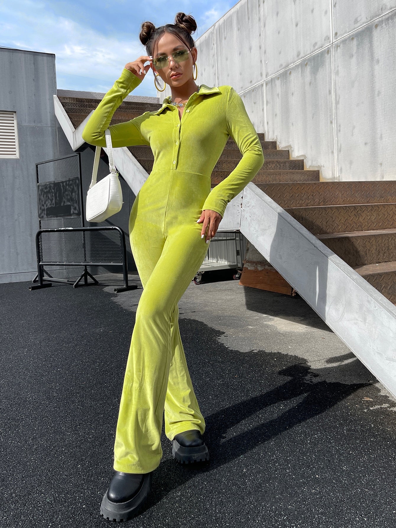 Solid Half Button Flare Leg Jumpsuit