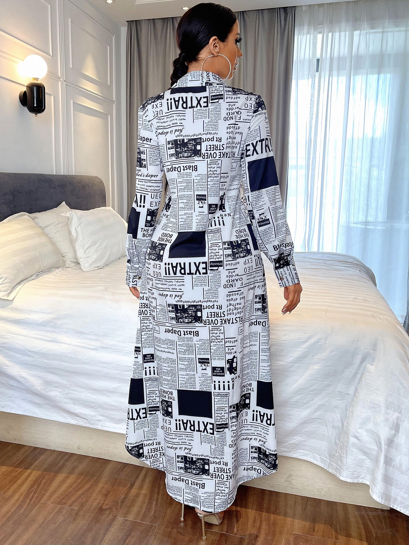 Newspaper Print Button Front Shirt Dress Without Belt