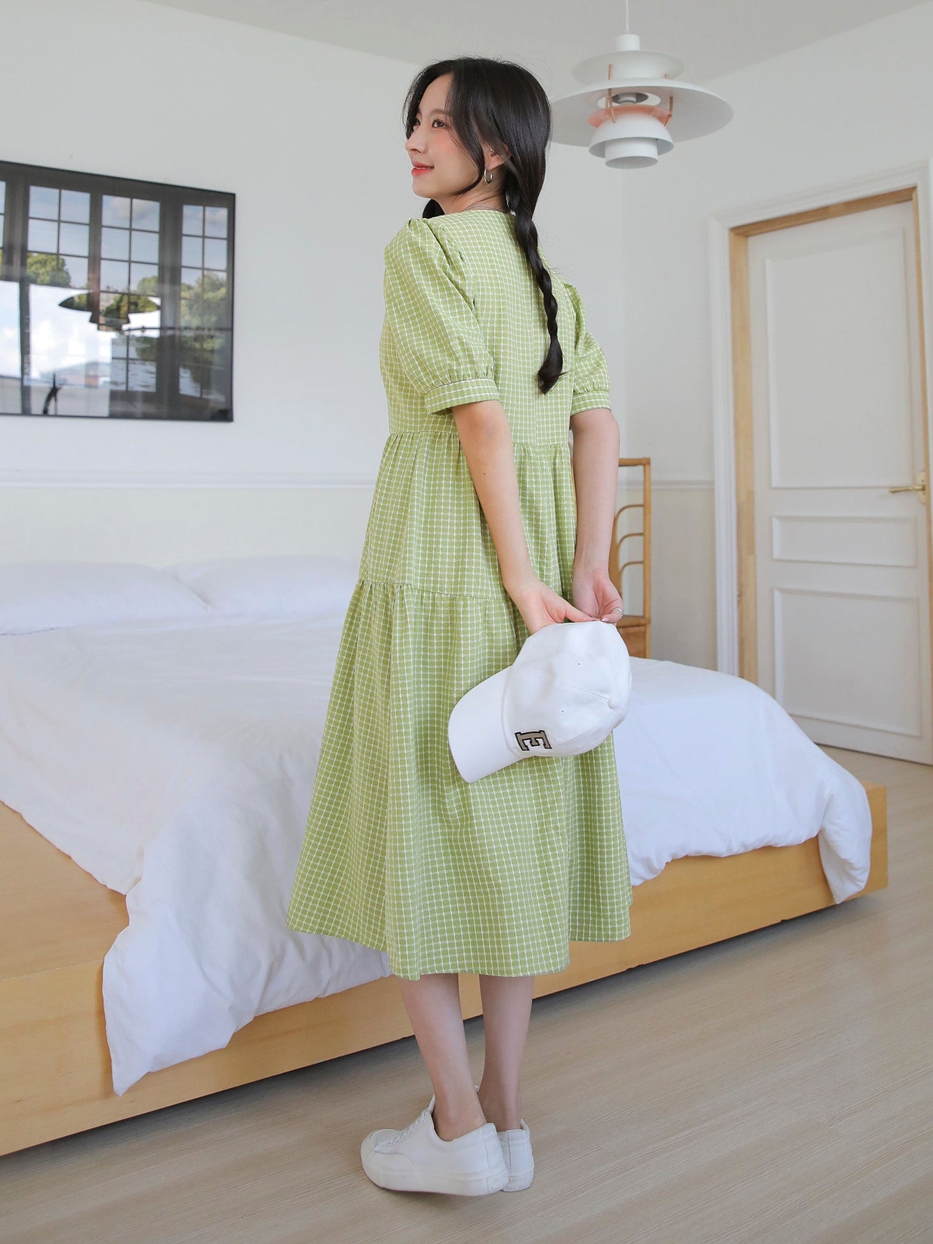Plaid Print Puff Sleeve Dress
