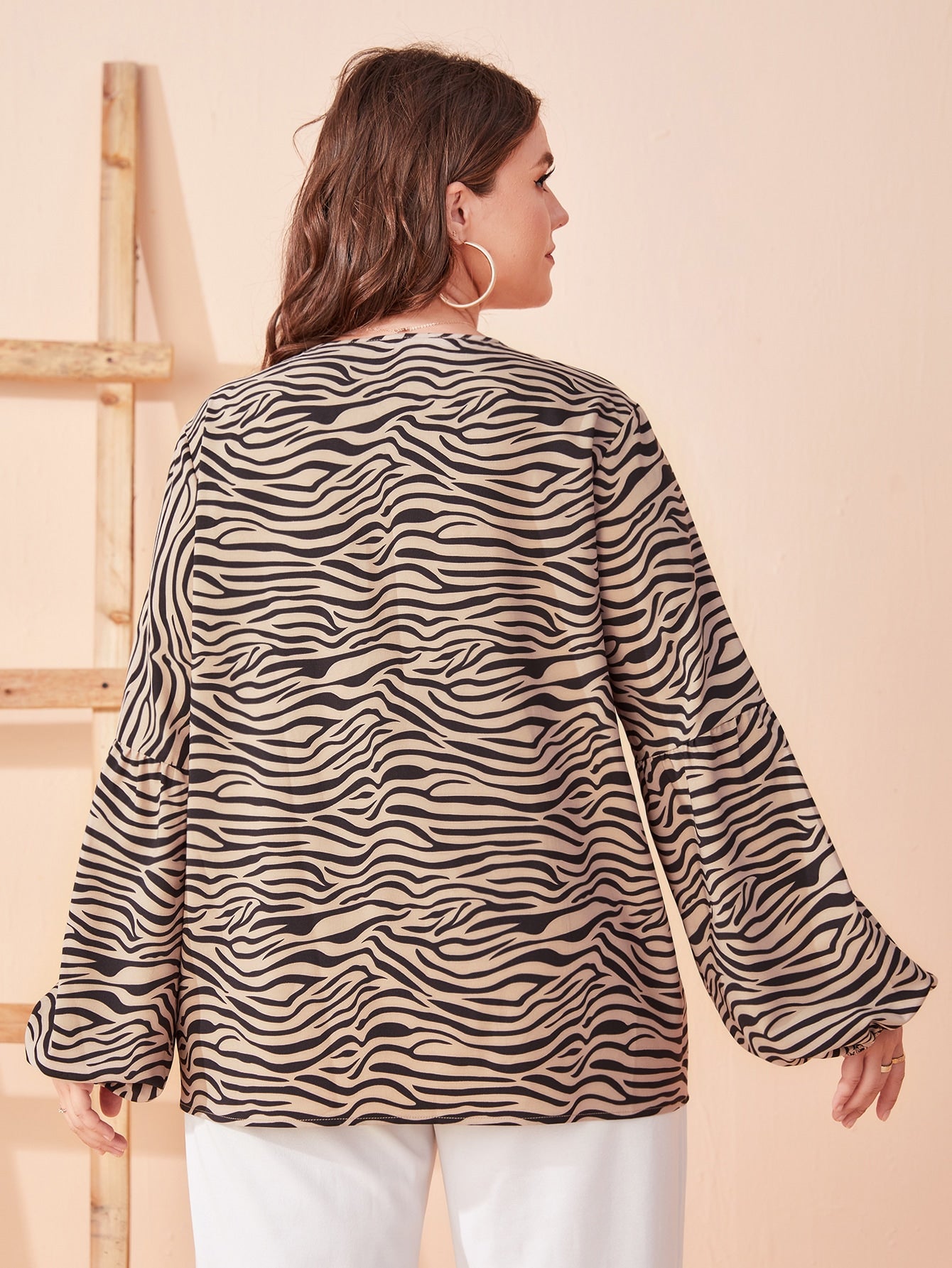Plus Zebra Stripe Tie Neck Lantern Sleeve Blouse