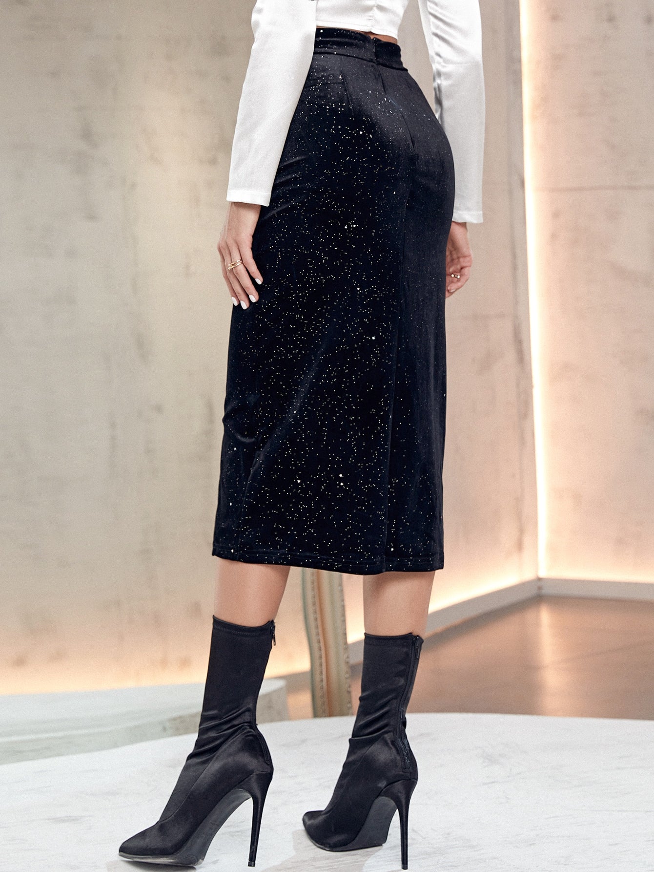 High Waist Ruched Drape?Side Wrap Hem Velvet Skirt