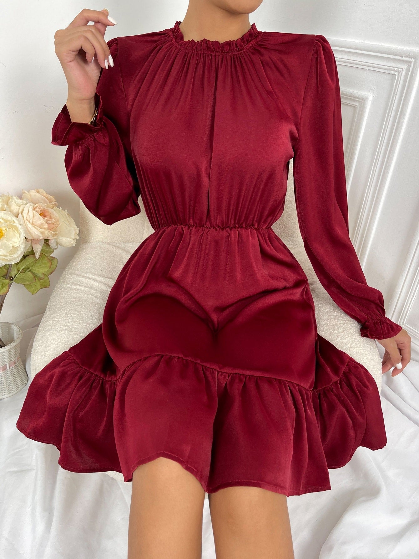 Ruched Frill Trim Flounce Sleeve Ruffle Hem Dress