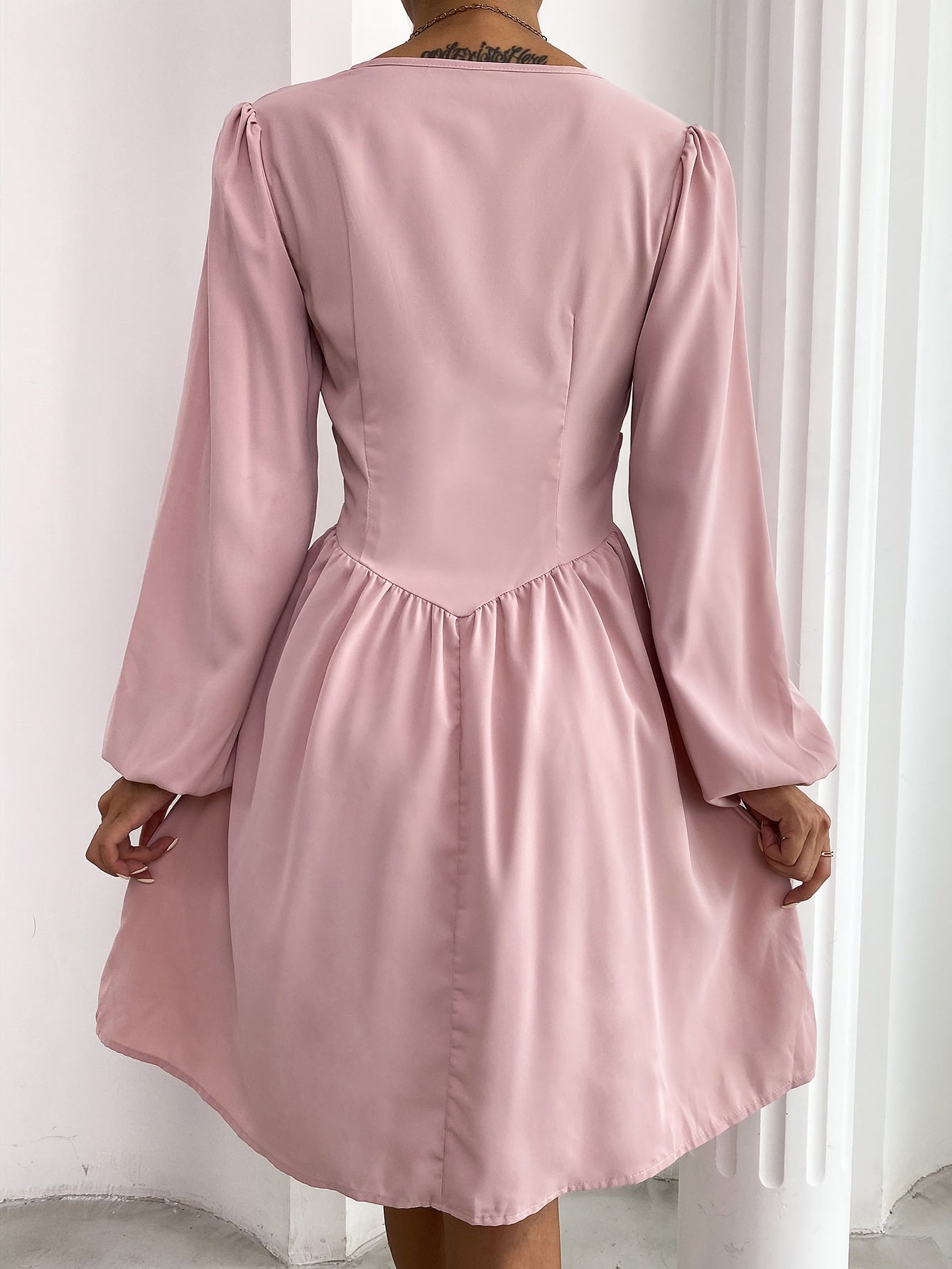 Solid Bishop Sleeve Plicated Dress