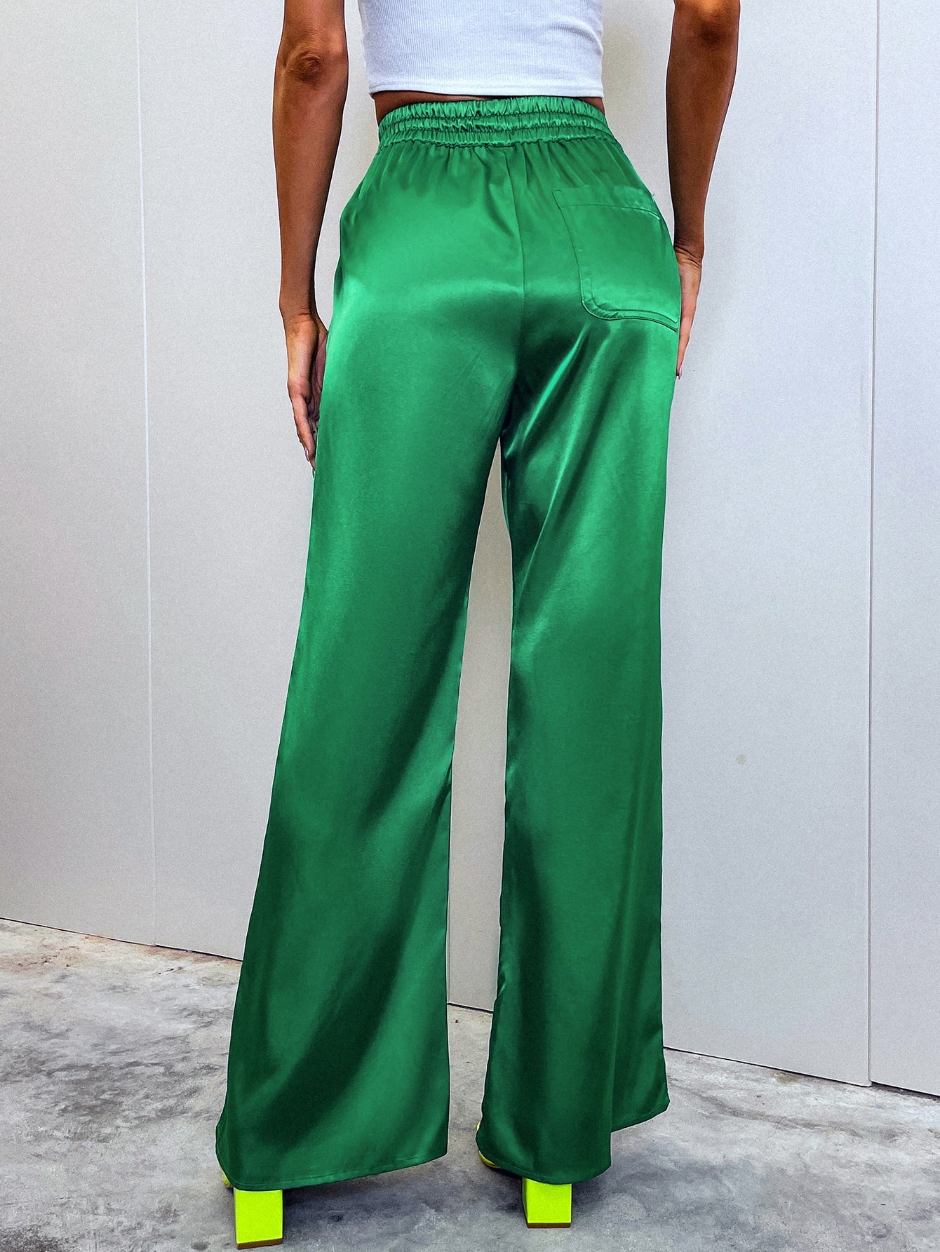Drawstring Waist Satin Wide Leg Pants