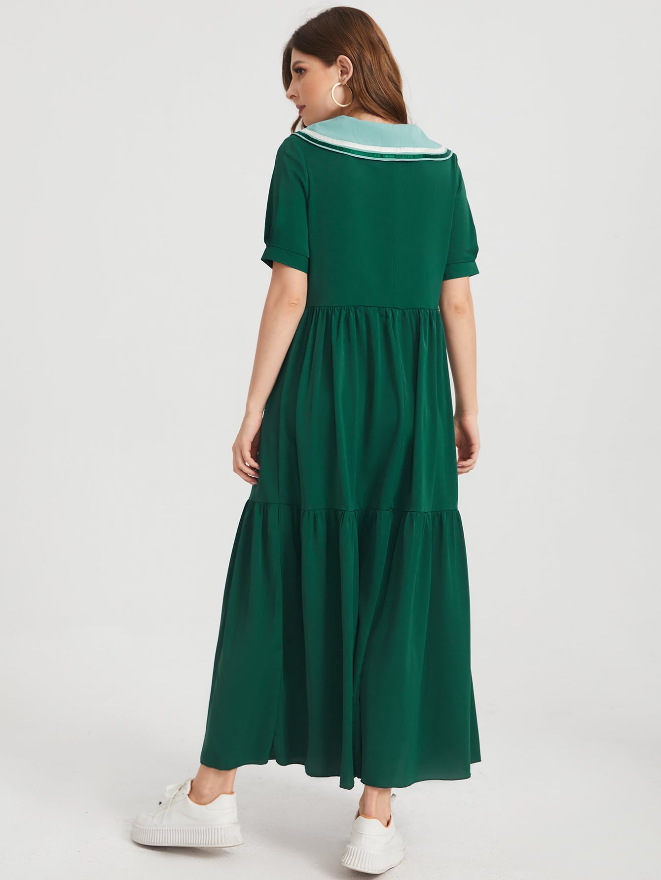 Peter Pan Collar Striped Trim Smock Dress