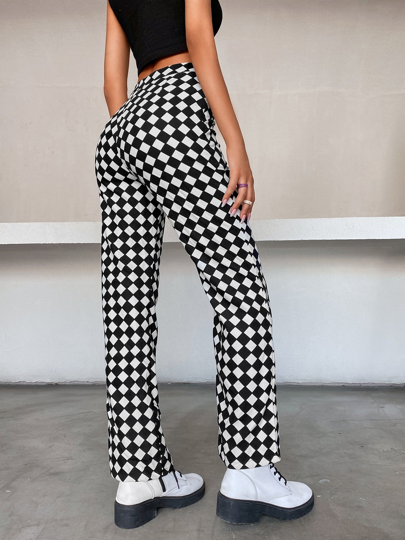 High Waist Checker Print Boot-cut Leg Pants