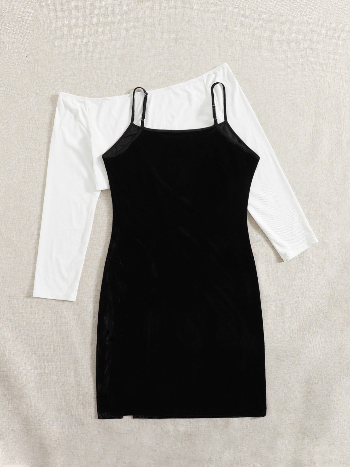 Plus Off-shoulder Top & Slit Hem Cami Dress