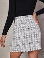 High Waist Plaid Pattern Raw Trim Single Breasted Tweed Skirt