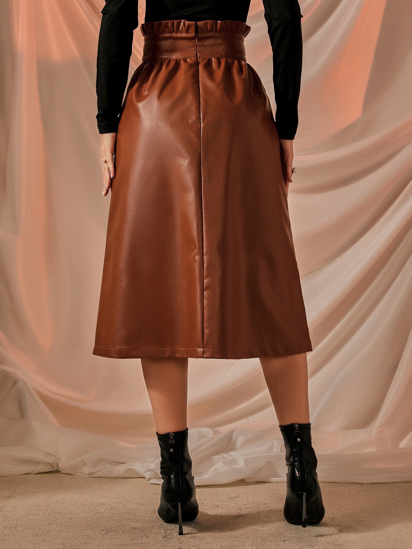 Paper Bag Waist Lace Up PU Leather Skirt