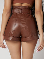 Roll Up Hem Paperbag Waist Belted PU Leather Shorts