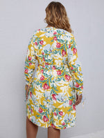 Plus Floral Print Drawstring Front Overlap Collar Dress