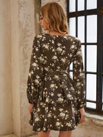 Floral Print V-neck Layer Hem Belted Dress