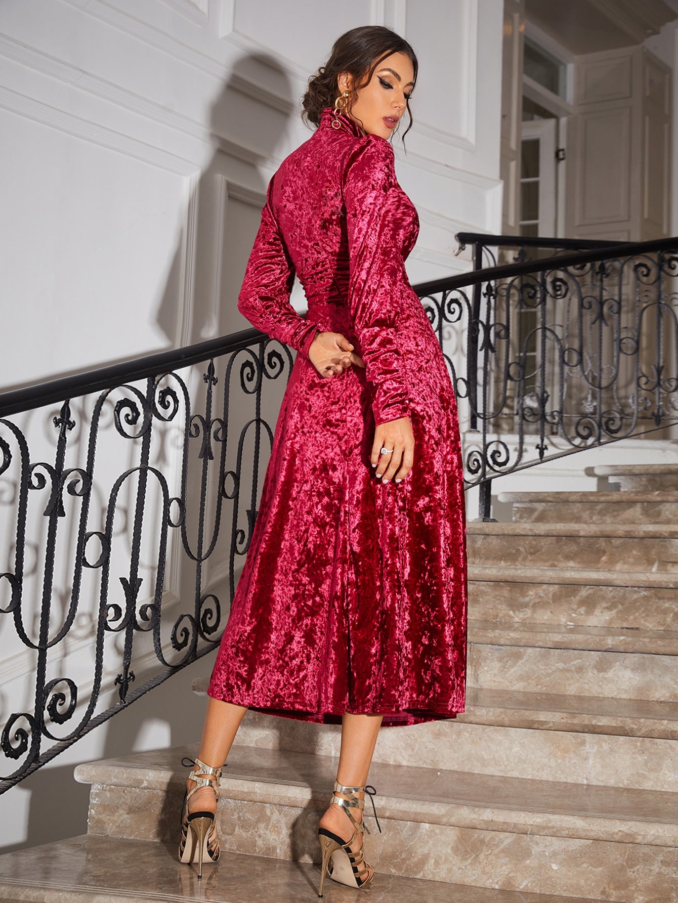 Bishop Sleeve Mock Neck Velvet Dress
