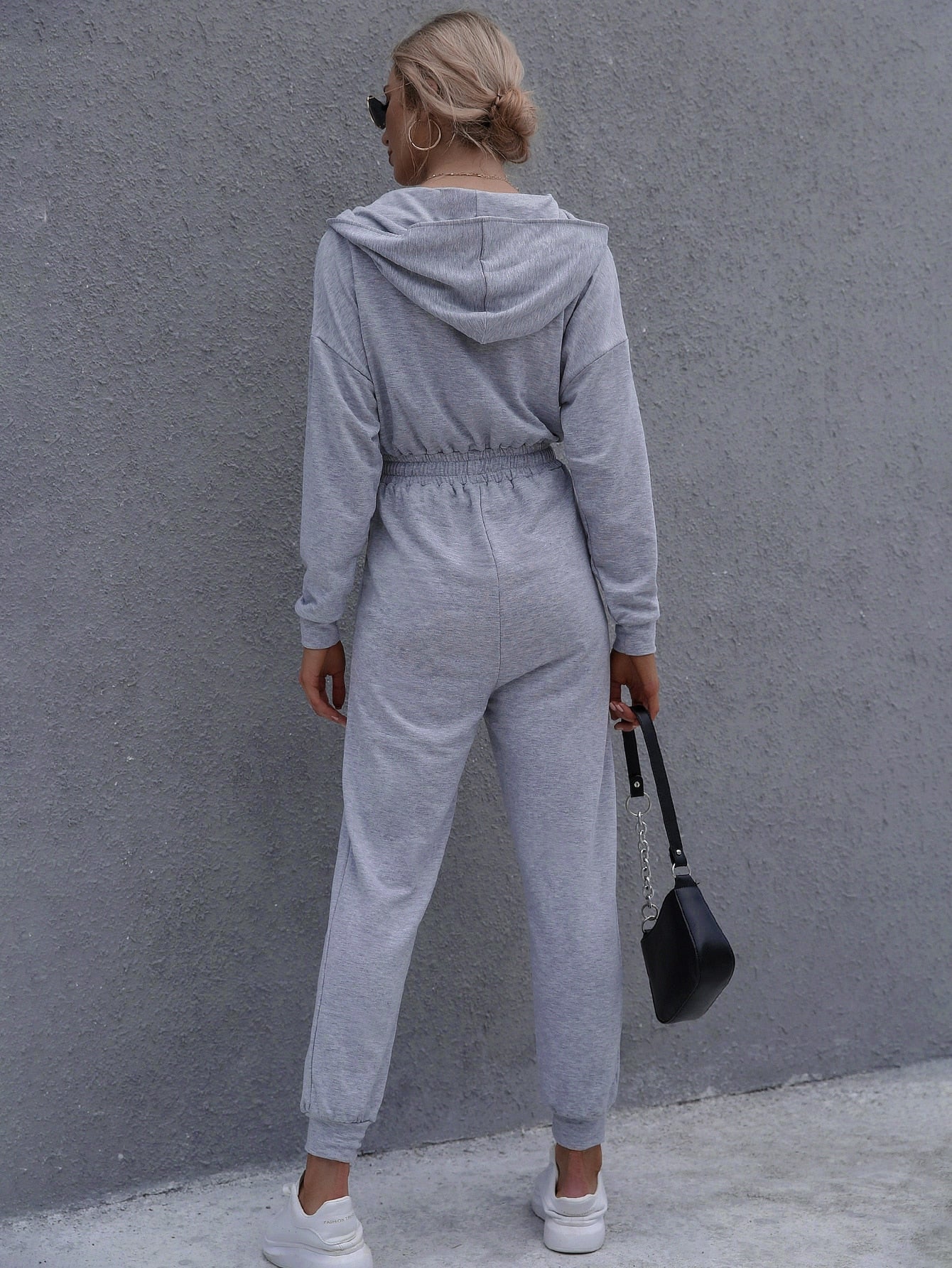 Drop Shoulder Zipper Hooded Drawstring Waist Jumpsuit