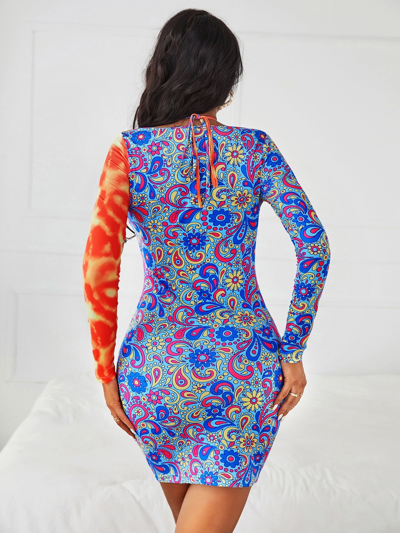 Paisley Print Tie Dye Knot Back Bodycon Dress