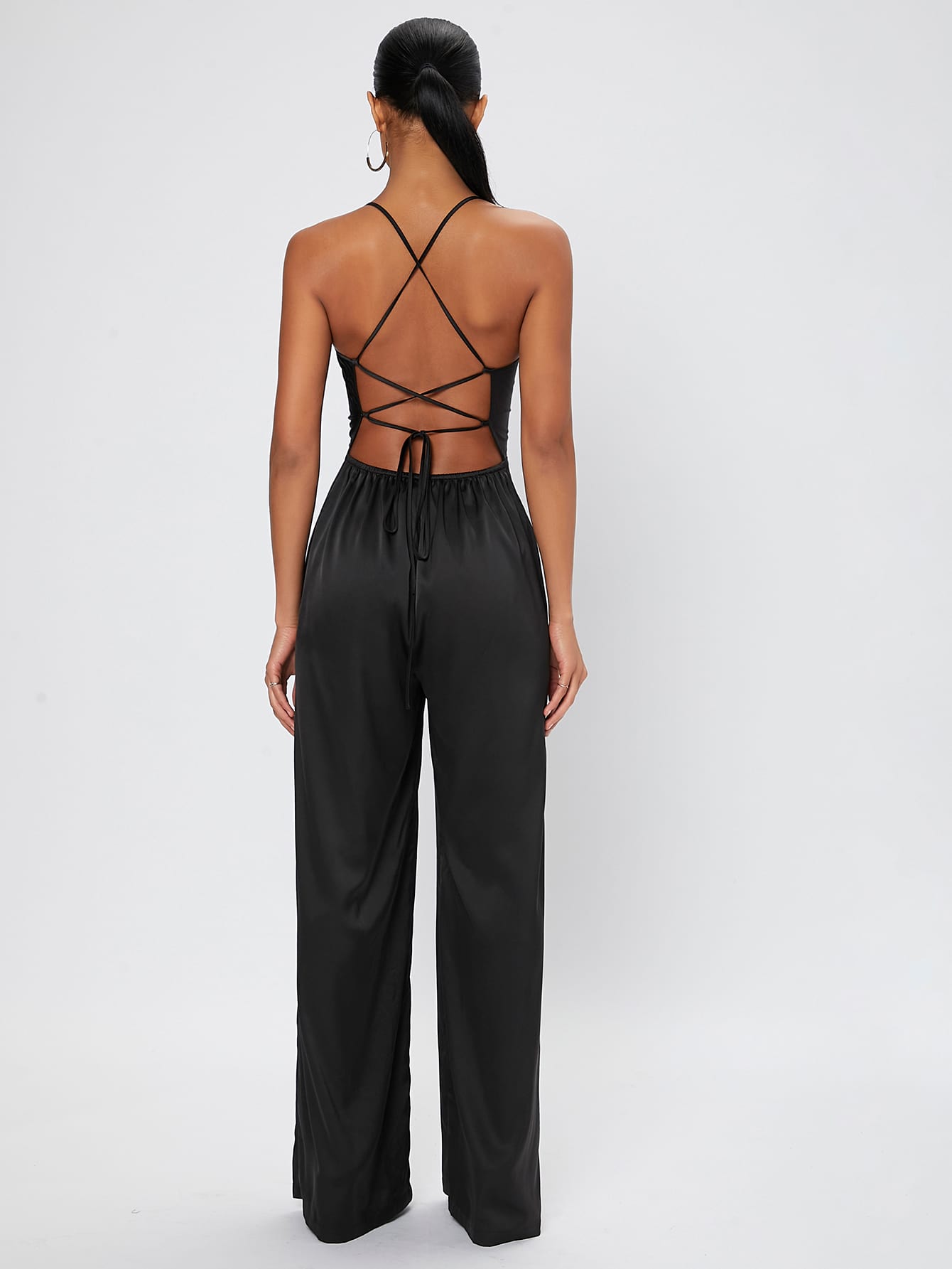 Lace Up Backless Velvet Wide Leg Jumpsuit