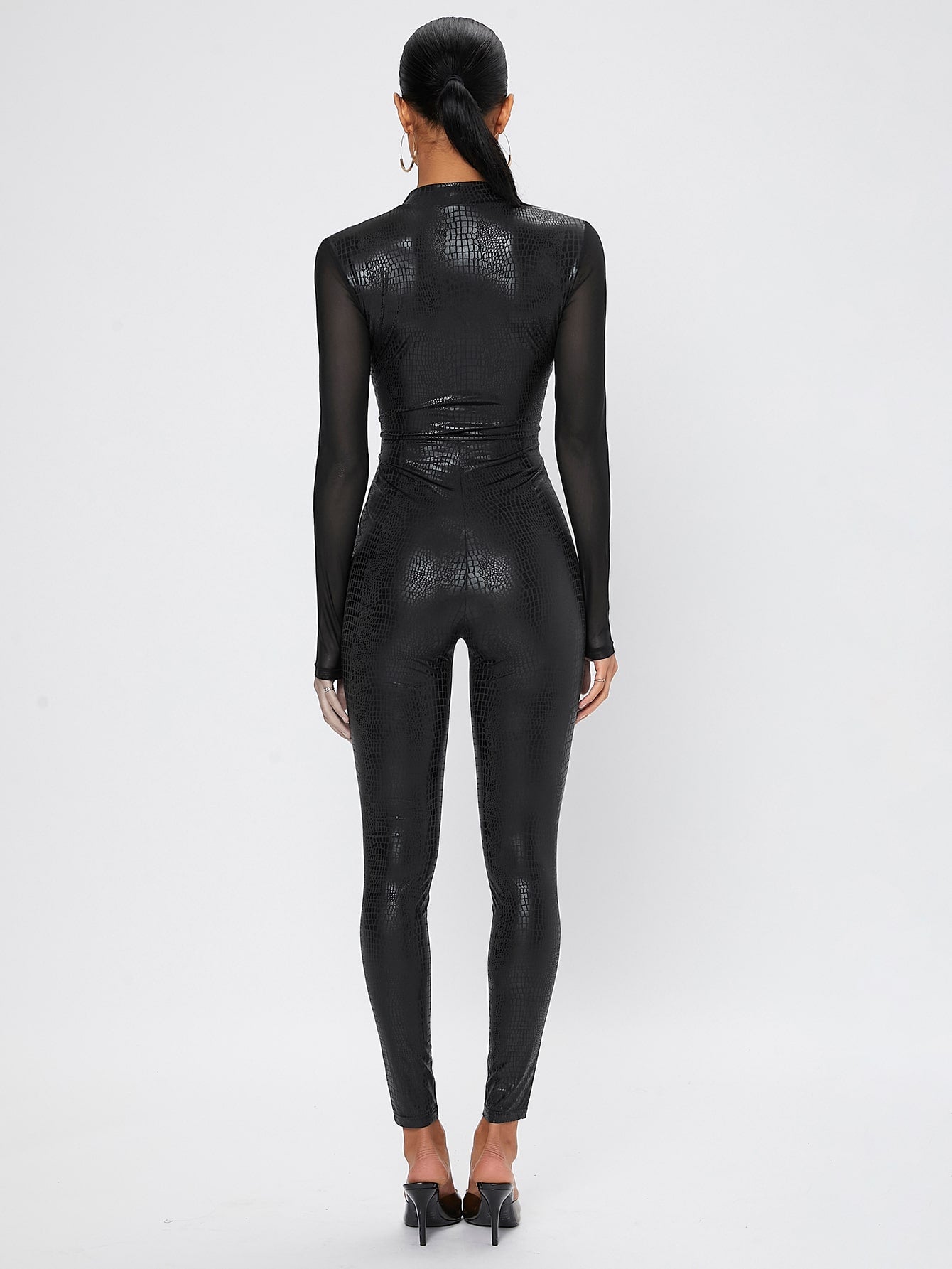 Croc Embossed Mesh Panel Unitard Jumpsuit