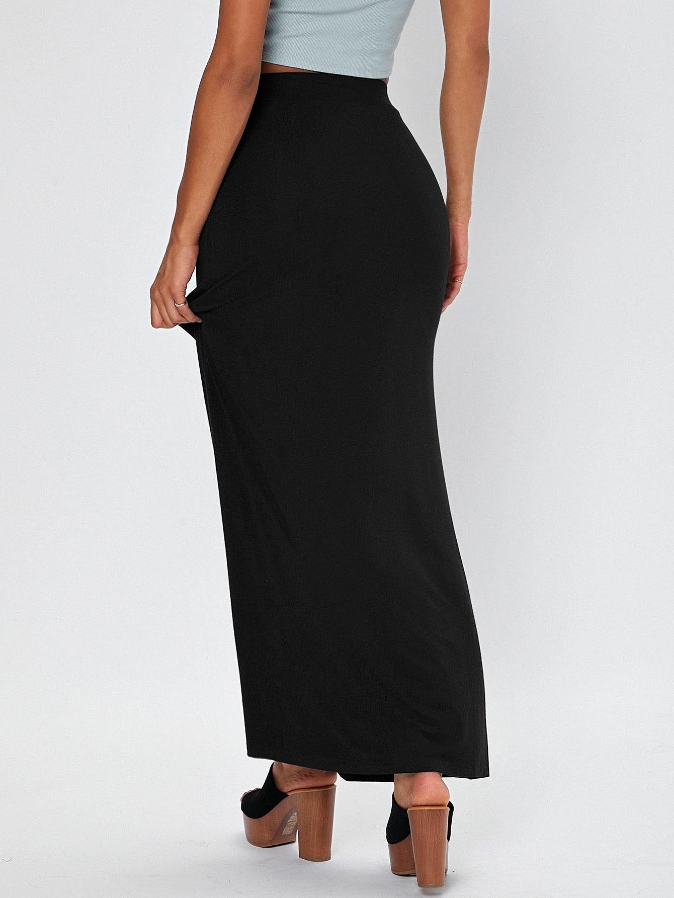 Solid Elastic Waist Straight Skirt
