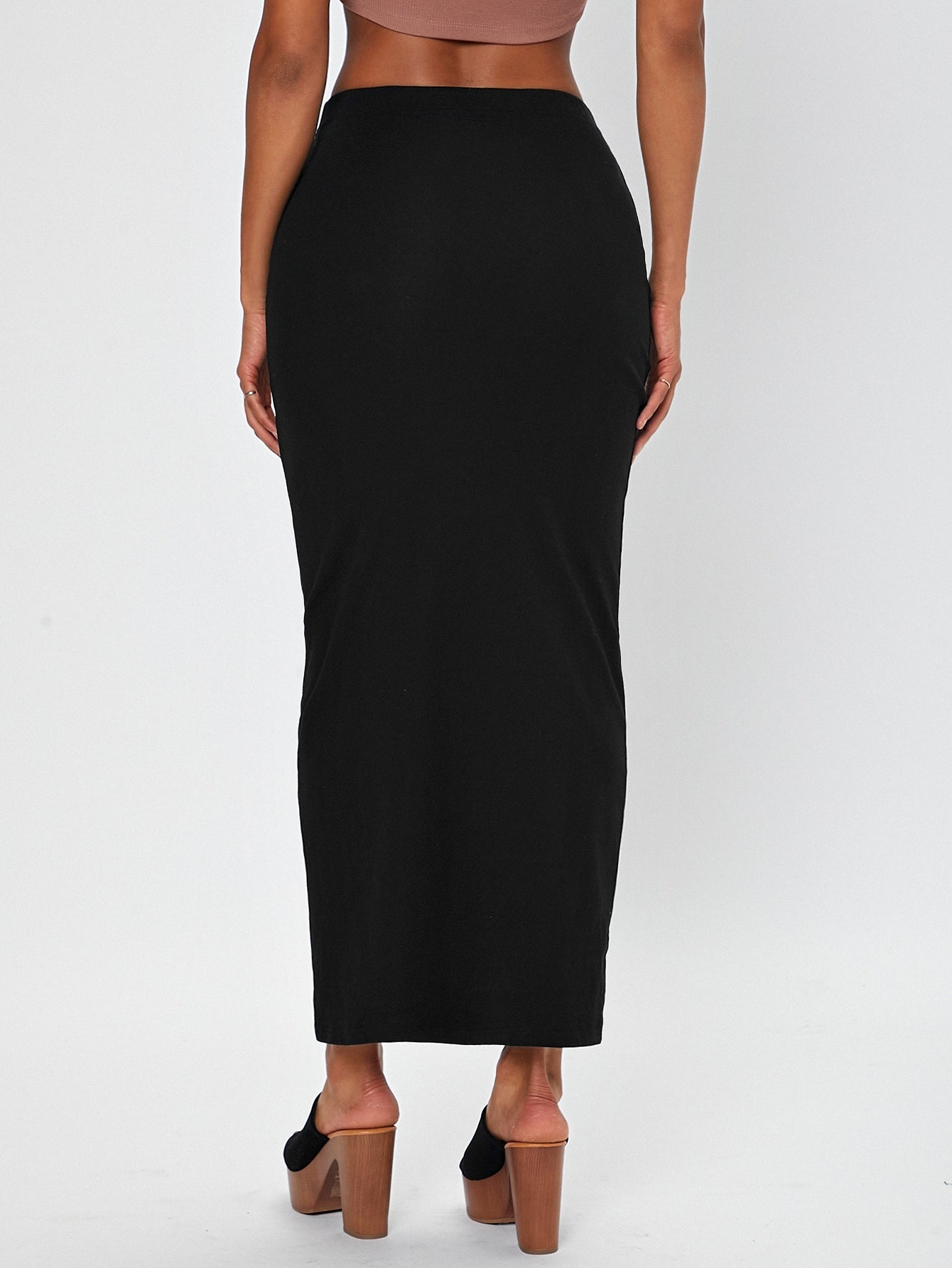 Solid Elastic Waist Pencil Skirt