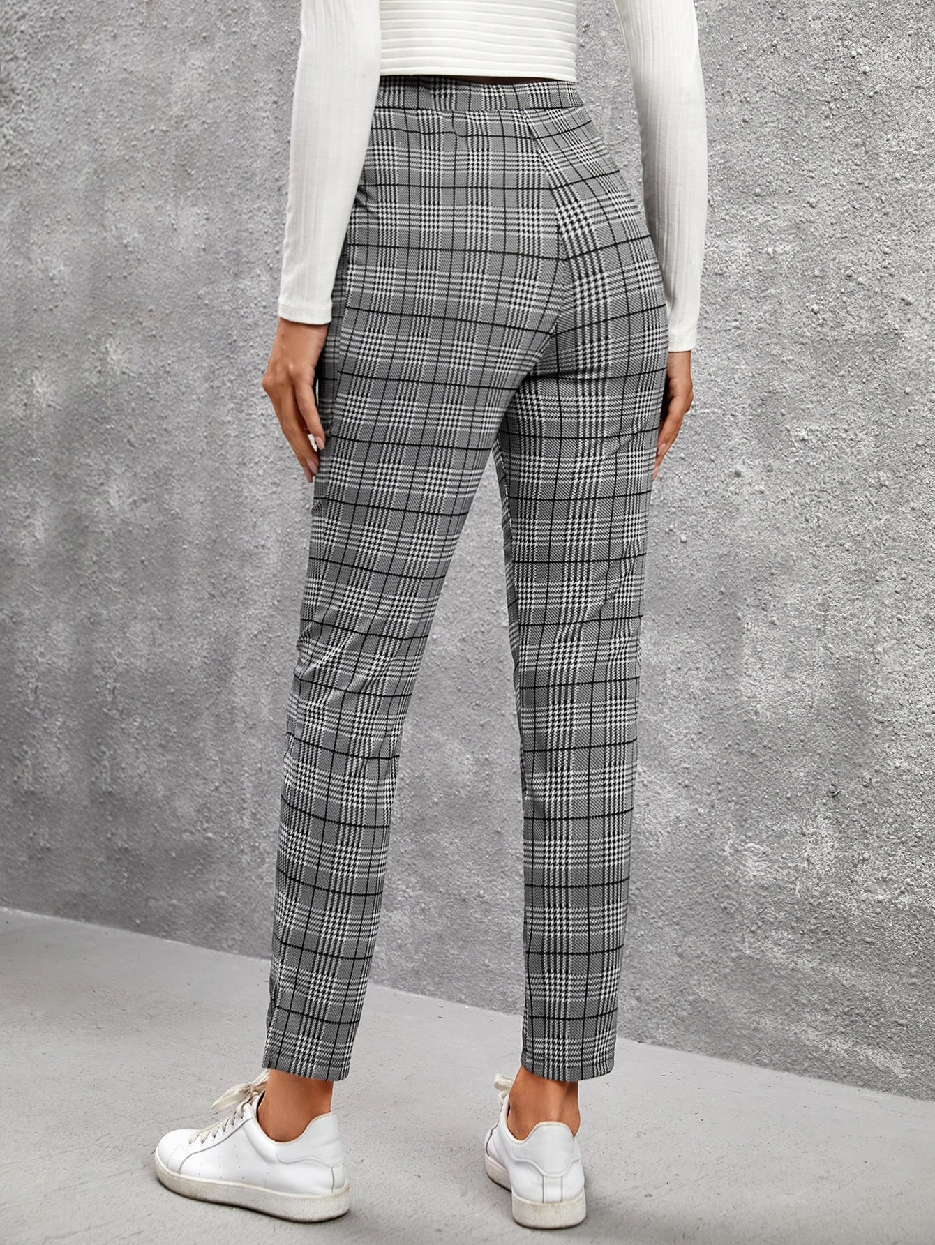 Plaid Print Split Hem Skinny Pants