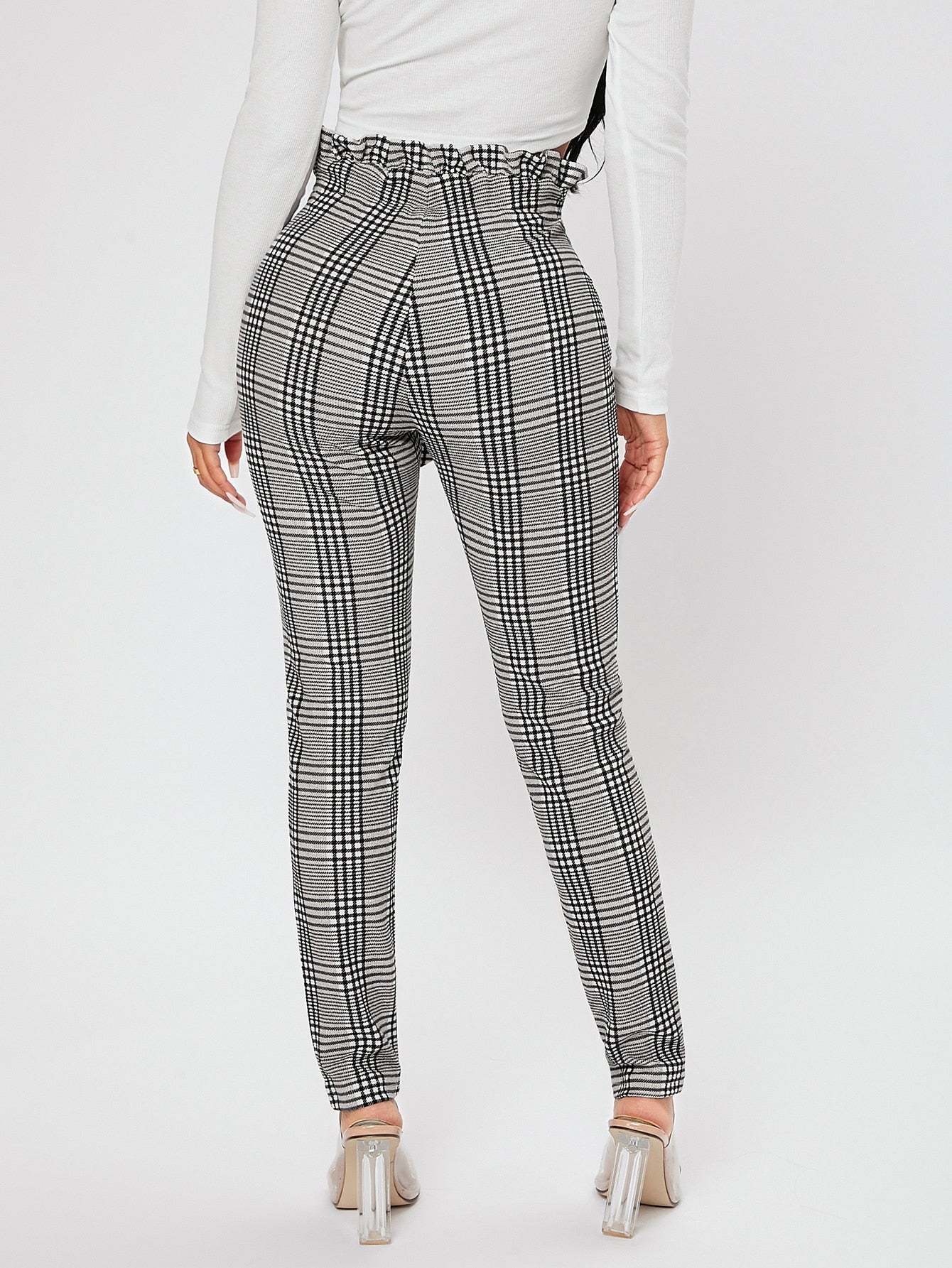 Plaid Print Paperbag Waist Knot Front Pants