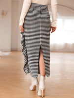 High Waist Houndstooth Ruffle Trim Tweed Skirt