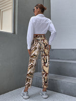 High Waist Allover Print Frayed Hem Tapered Pants